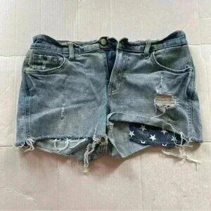 Old Navy Blue Denim Jean Shorts High Rise Boyfriend Distress Size 4 Frayhem